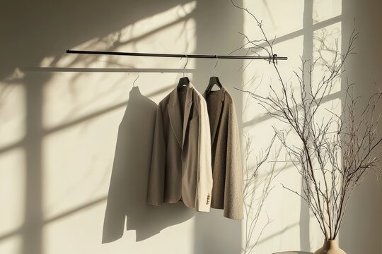 Elegant blazers hanging against a sunlit wall with stylish shadows