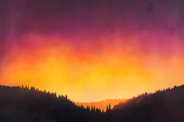 Obraz premium Vibrant sunset painting with silhouetted forest, warm orange, pink, purple hues, gradient sky. 