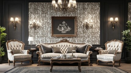 Fototapeta premium A luxurious French-style living room with vintage furniture, intricate wallpaper, and chandelier lighting.