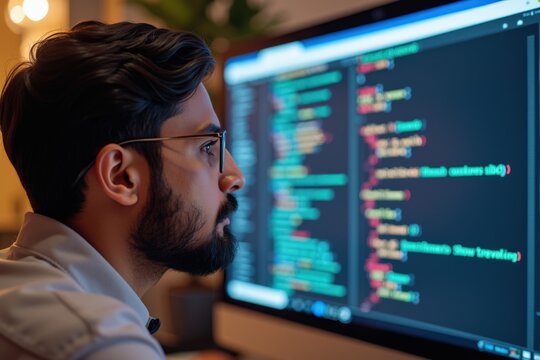 Focused Programmer Analyzing Code on Computer Screen in a Cozy Workspace, Highlighting the Essence of Software Development and the Importance of Attention to Detail