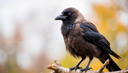 Obraz premium Crow perching on a branch in a soft-focus nature background