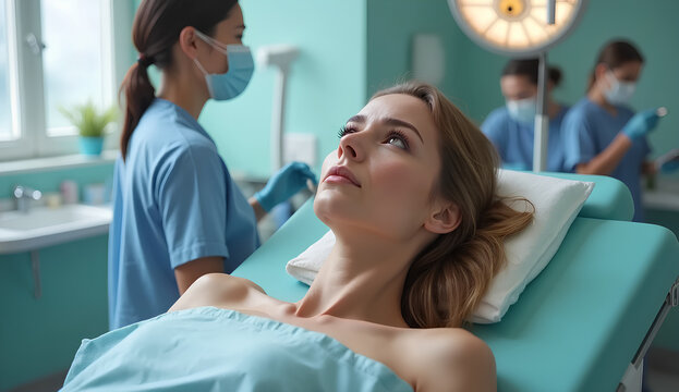 Mujer joven acostada en una camilla m&eacute;dica, preparada para un procedimiento est&eacute;tico. Expresi&oacute;n relajada, lista para cirug&iacute;a pl&aacute;stica o tratamiento de belleza. Cirug&iacute;a Est&eacute;tica.
