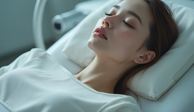 Mujer joven acostada en una camilla m&eacute;dica, preparada para un procedimiento est&eacute;tico. Expresi&oacute;n relajada, lista para cirug&iacute;a pl&aacute;stica o tratamiento de belleza. Cirug&iacute;a Est&eacute;tica.