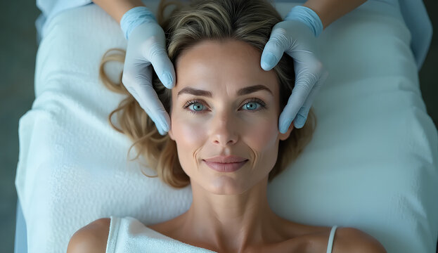 Mujer joven acostada en una camilla m&eacute;dica, preparada para un procedimiento est&eacute;tico. Expresi&oacute;n relajada, lista para cirug&iacute;a pl&aacute;stica o tratamiento de belleza. Cirug&iacute;a Est&eacute;tica.