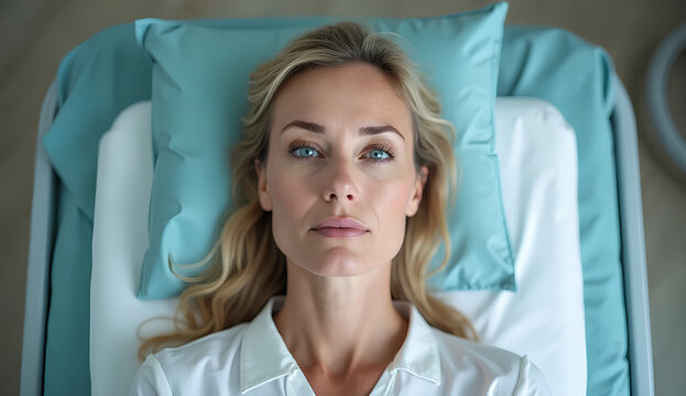 Mujer joven acostada en una camilla m&eacute;dica, preparada para un procedimiento est&eacute;tico. Expresi&oacute;n relajada, lista para cirug&iacute;a pl&aacute;stica o tratamiento de belleza. Cirug&iacute;a Est&eacute;tica.