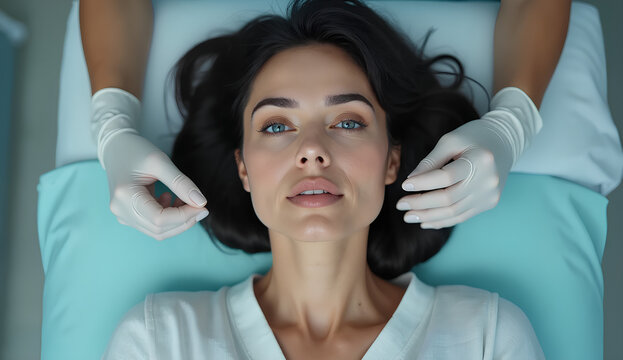 Mujer joven acostada en una camilla m&eacute;dica, preparada para un procedimiento est&eacute;tico. Expresi&oacute;n relajada, lista para cirug&iacute;a pl&aacute;stica o tratamiento de belleza. Cirug&iacute;a Est&eacute;tica.