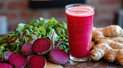 Refreshing beetroot juice served in a clear glass with fresh ingredients nearby