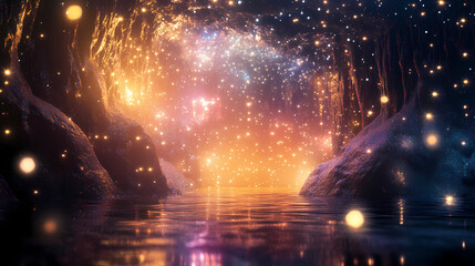 Mystical glittering cave: glowing, bokeh, sparkle, glitter, backgrounds. Subterranean Starfields. Illustration