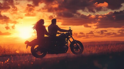 a couple riding a black motorcycle through an open field at sunset, silhouetted against a golden sky