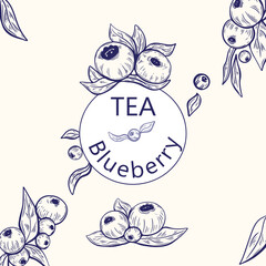  Blueberry line art for tea packaging, product design, labels, and branding.  Blueberry and leaves