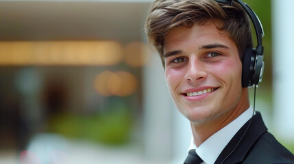 A young man in formalwear, smiling confidently while using a computer with a headset in a bright office setting.