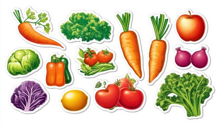 sticker-style illustrations of various fruits and vegetables, including carrots, tomatoes, peppers, onions