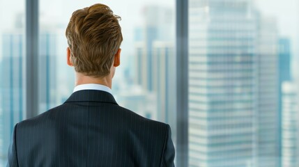 A savvy tycoon in a sleek office, gazing at the urban skyline, embodying success and ambition in a fastpaced world.