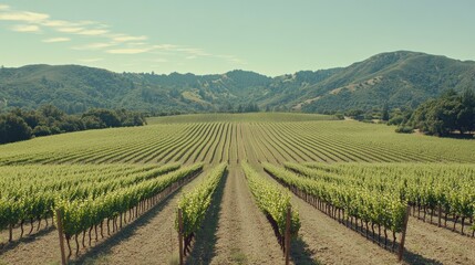 Fototapeta premium A picturesque vineyard with rows of grapevines stretching into the distance.