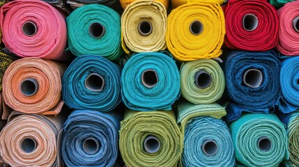 Fototapeta premium Browse our vibrant rolls of fabric in a clean space, perfect for your next DIY project or crafting adventure.