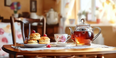 charming tea party setting with apple scones, tea, and cozy atmosphere. Enjoy delightful treats and warm ambiance