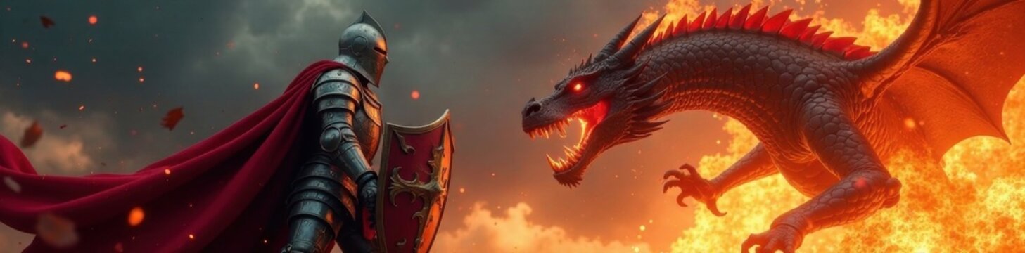 A knight in armor with a shield deflecting a dragon's fiery blast, deflect, shields, knights