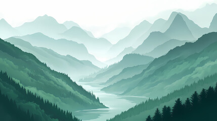 Lush green mountains river valley scene. Emerald Mist Valleys. Illustration