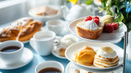 Fototapeta premium Upscale brunch setting with tiered serving plates, pastries, and coffee. Enjoy delightful assortment of desserts and beverages
