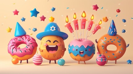 Animated donuts with party hats and candles, celebrating a festive occasion surrounded by colorful stars and confetti. Vibrant and fun party-themed design. AI generated.