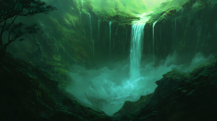 Fototapeta premium Mystical mossy gorge waterfall: iceland's hidden gem. Emerald Mist Valleys. Illustration