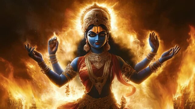 Mystical Indian goddess Kali with multiple arms in traditional ornate costume against burning flames background. Sacred Hindu deity, wearing golden crown and jewelry. Spirituality, feminine strength