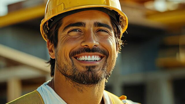Hispanic civil engineer beams at a highrise site, symbolizing teamwork as engineers and architects discuss building progress.