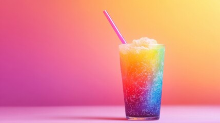 a vibrant rainbow slushy drink in a tall glass with a pink straw, colorful gradient background