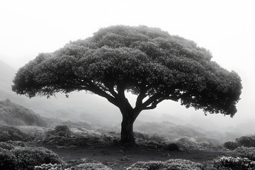 A lone tree in a foggy forest, with soft, blurred edges and minimalistic details.