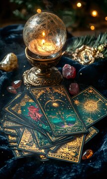 Beautiful tarot cards with gold decorations displayed on fortune teller desk with lit candle and crystals