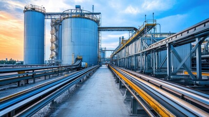 A vast industrial processing plant with long conveyor belts and towering silos.