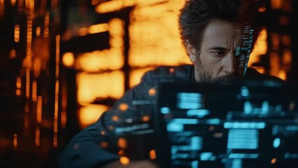 Focused caucasian man working on laptop with futuristic digital interface in dark office. Concept of cybersecurity, technology, and innovation - Powered by Adobe