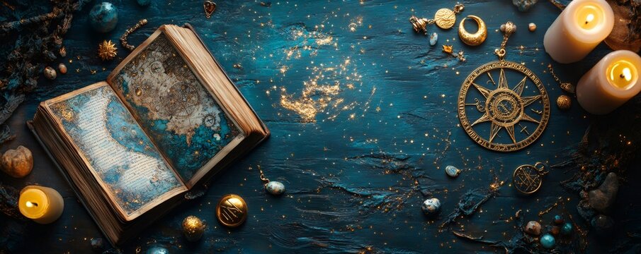 Mystical still life featuring an open grimoire, astrolabe, and lit candles on a dark, sparkling surface, evoking a magical ambiance