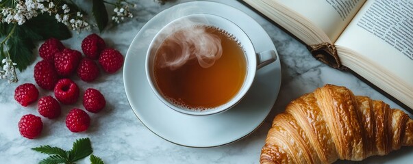 Cup of steaming tea sits beside a fresh croissant and an open book on a marble table, creating a cozy and inviting atmosphere for a relaxing reading session