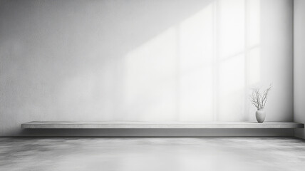A minimalistic gray concrete wall and floor studio with a smooth cement shelf, offering a neutral, industrial backdrop with empty space, ideal for product displays or text placement.