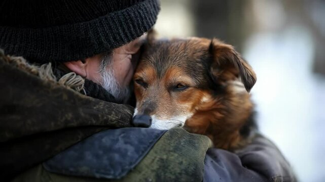 Senior caucasian man embracing loyal dog outdoors in winter. Elderly bearded male bonding with pet companion. Concept of unconditional love between humans and animals, with copy space