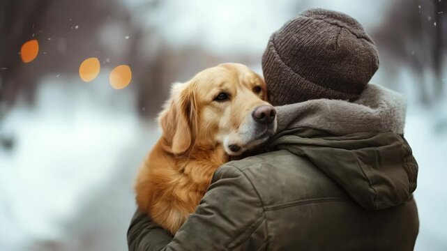 Caucasian man embracing golden retriever outdoors in winter. Pet owner hugging loyal dog in snowy park. Concept of companionship, unconditional love and human animal bond, with copy space