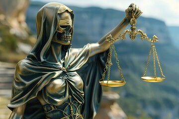 Obraz premium A striking figure of Lady Justice, a skeletal representation holding scales, symbolizing the balance of law and ethics.