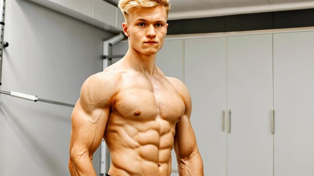 Strong and confident shirtless blonde bodybuilder flaunting toned physique in gym.