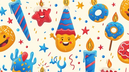 Naklejka premium A lively pattern featuring colorful donuts, birthday candles, and stars, capturing a cheerful and celebratory mood with a whimsical design style. AI generated.