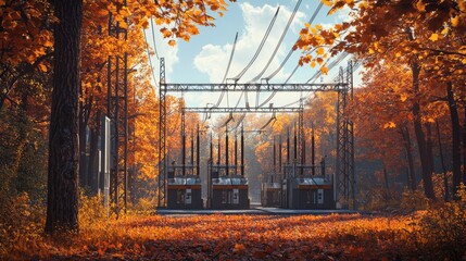 Autumnal Tranquility: Power Substation nestled in a vibrant fall forest.