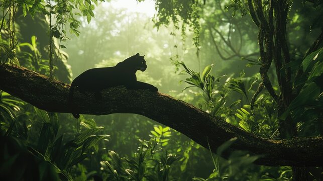 Black Panther Silhouette in Lush Rainforest