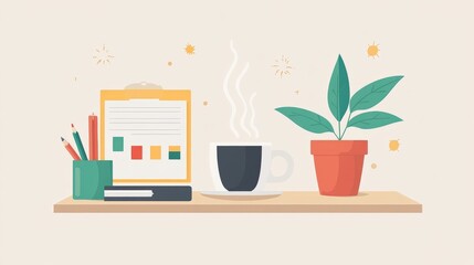 Cozy workspace with coffee, plant, pencils, and clipboard on a shelf.