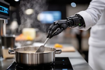 A cutting-edge robotic hand skillfully stirs a pot on a modern induction stove, showcasing the intersection of technology and culinary art in a contemporary kitchen.