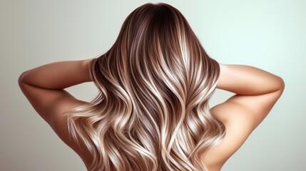 Woman with long wavy blonde hair from back view	