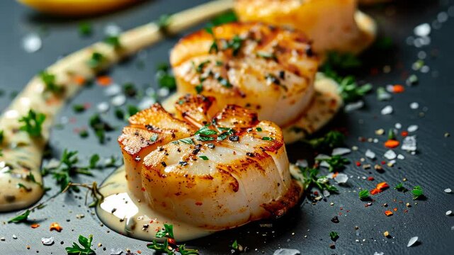 Elevate your taste buds with the harmonious blend of grilled scallops and a tantalizing lemon sauce, a culinary masterpiece, Ai Generated.