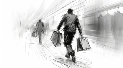 Minimalist black-and-white sketch showing shoppers with bags in motion through a modern mall. Sketchy lines convey the rush and energy of the shopping scene. AI generated.