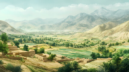 Fototapeta premium A serene and picturesque landscape of the tagab valley in kapisa province, afghanistan, with rolling hills of emerald green, a gentle mist veiling the terrain. Emerald Mist Valleys. Illustration