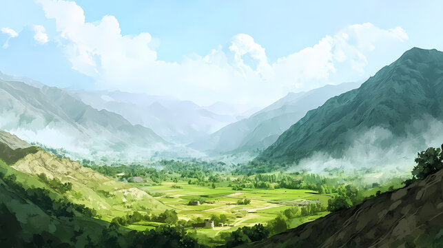 A serene and picturesque landscape of the tagab valley in kapisa province, afghanistan, with rolling hills of emerald green, a gentle mist veiling the terrain. Emerald Mist Valleys. Illustration