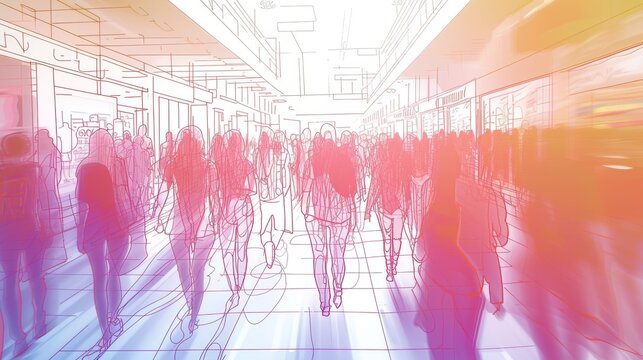 Colorful artistic rendering of people walking in a crowded shopping mall, blending hand-drawn sketch lines with vivid hues for a dynamic and lively effect. AI generated.